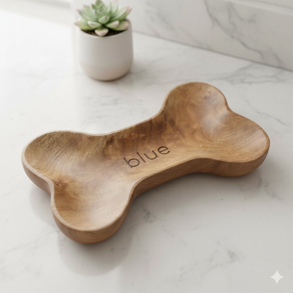 Engraved “blue” Kirkland's Solid Wood Dog Bone Trinket Dish - NEW Custom
